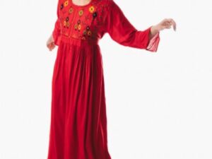 Long Cotton-Linene Kaftan Dress with Pockets - Red